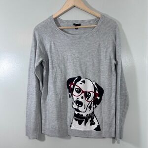 Talbots Dalmatian Dog with Red Glasses Gray Crew Neck Sweater Medium
